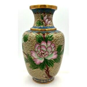 Vintage Cloisonne Brass Enamel Bud Vase 7in Beautiful Gold Floral Motif Wirework